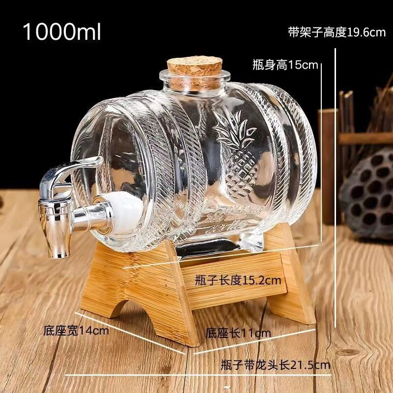 Wholesale Whiskey Glass Decanter 1gallon 10L 1000ml Decanter Glass Wine Beer Barrel with Cork Tap and Wooden Base