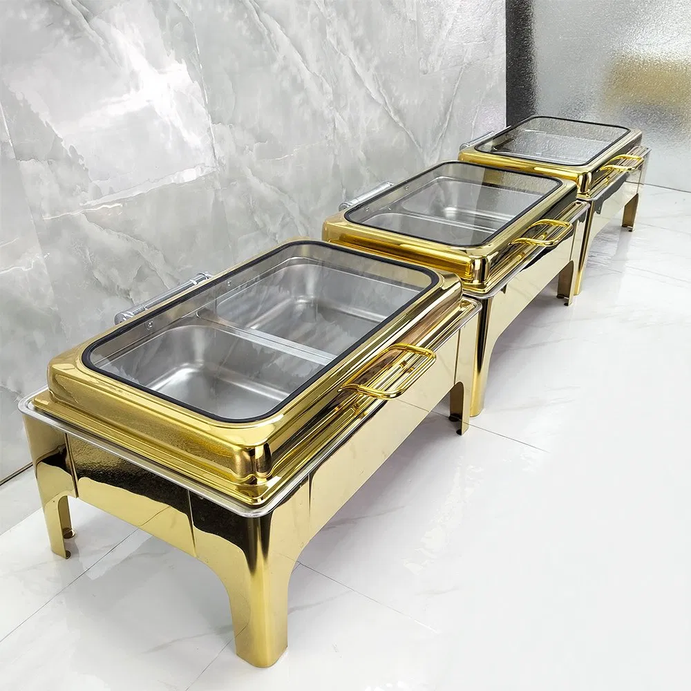 Luxury 9L Gold Stainless Steel Fuel Buffet Stove Food Warmer Chafing Dish for Wedding Buffet Server Gas-Powered Serving Food