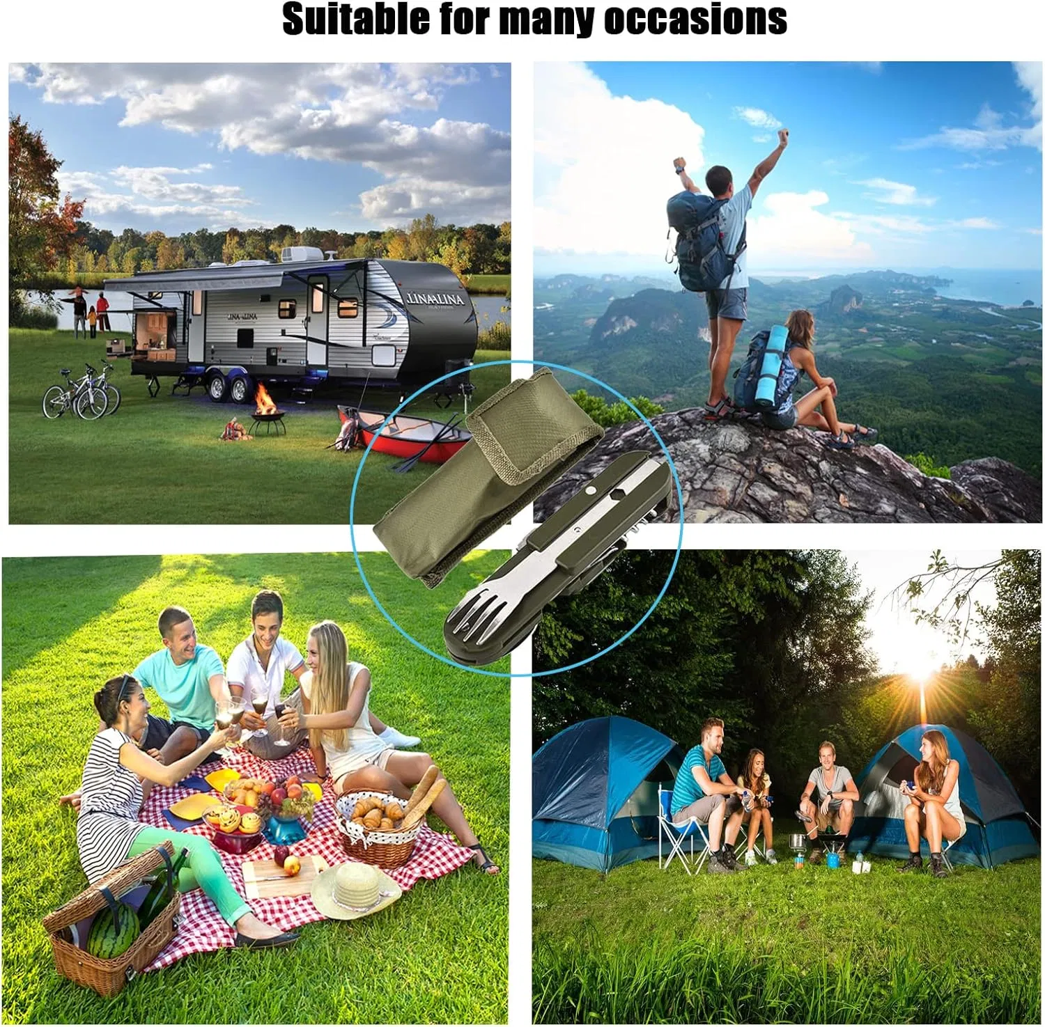 7-in-1 Camping Utensils Portable Stainless Steel Camping Fork Spoon Knife Set for Hiking Picnics