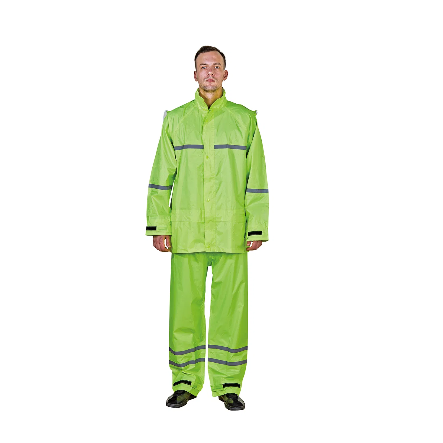 R015 Waterproof Chemical Resistant Rubberized Hooded Working Raincoat Two Pieces High Visibility Reflective Tape Polyester PVC Rainsuit Roadside Safety Jackets