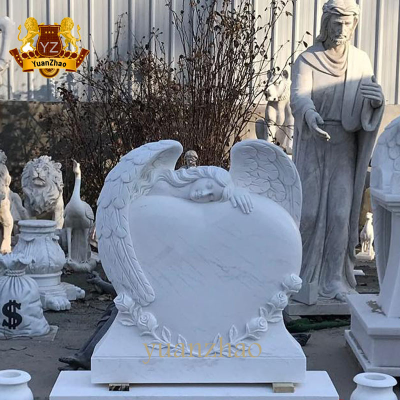 Cemetery Memorial Angel Statue White Marble Angel with Heart Sculpture Headstone Monument