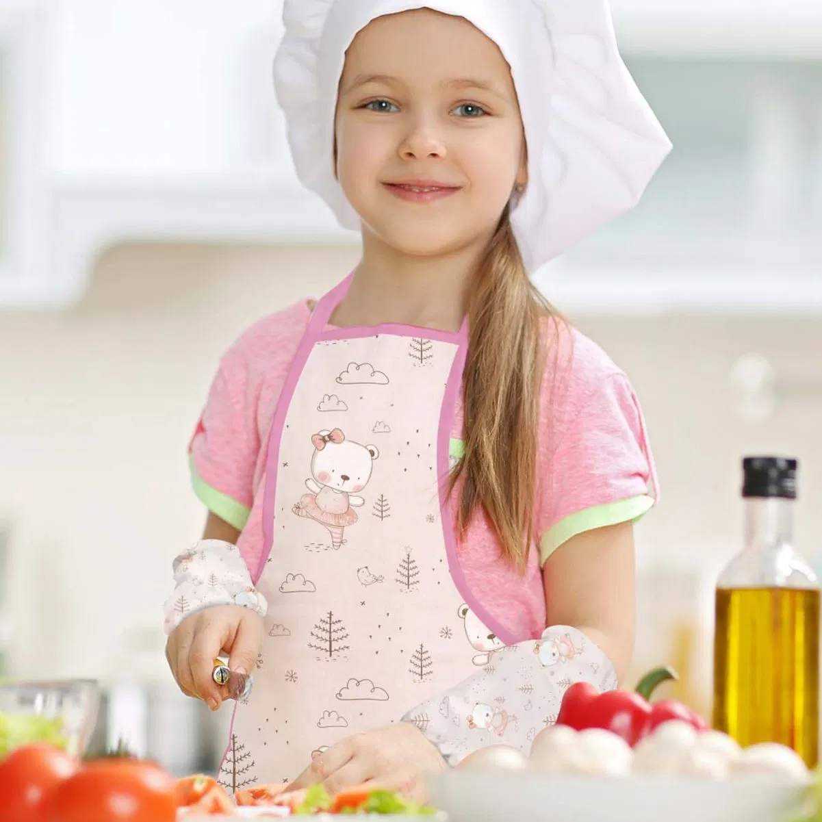 Children's Apron and Sleeve Set, Waterproof and Oil-Proof Printed Apron Two-Piece Set, Kitchen Apron and Sleeve Set