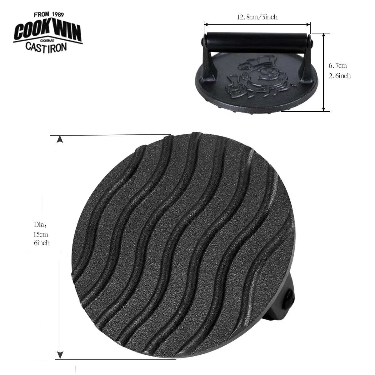 15cm 6 Inch Durable Black Cast Iron Smash Burger Press with Wood Handle Non-Stick Round Outdoor Meat Food Press for Bacon and Grill Maker