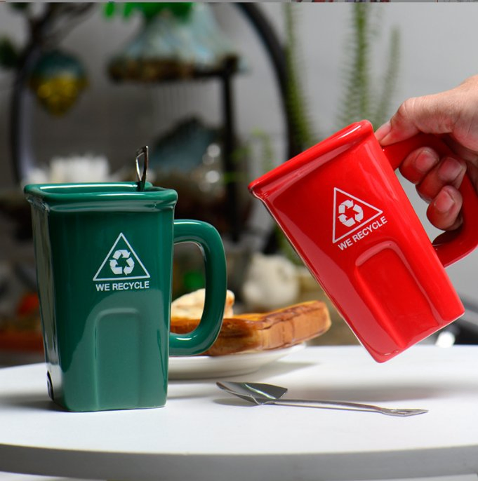 Square Garbage Can Ceramic Mug Green Recyclable Bucket Water Cup Creative Mug
