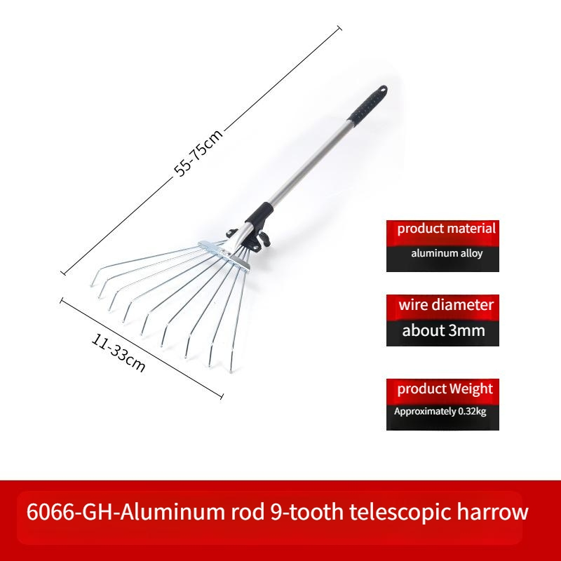 Stainless Steel Telescopic Leaf Rake with 9~15 Tooth Retractable Extension-Type Garden Wire Rake Harrow for Dead Leaf