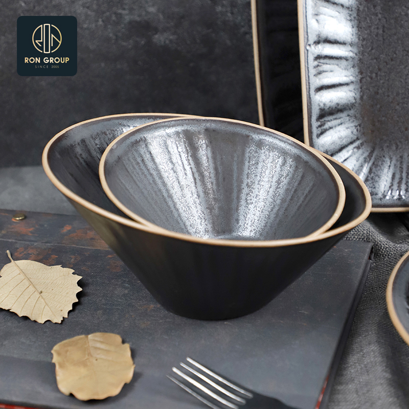 Wholesales Black Durable Heat-Resistant 6/8 Inch Round Ceramic Salad Sauce Soup Bowl for Catering Dinnerware Tableware