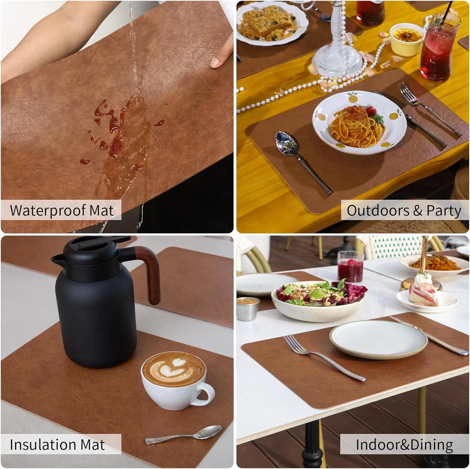 Cowhide Pattern Faux Leather Placemats Set of 6,Heat Resistant Non-Slip Waterproof Wipeable Washable Kitchen Dining PU Table Place Mats,Double-Sides Available,D