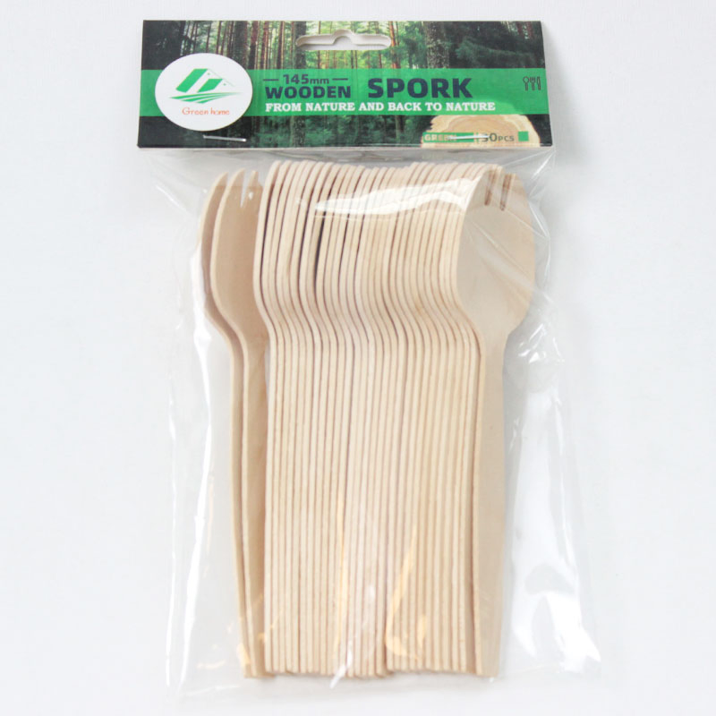 Compost Disposale Wooden Cutlery Birch Wood 146mm Spork in One Poly Bag