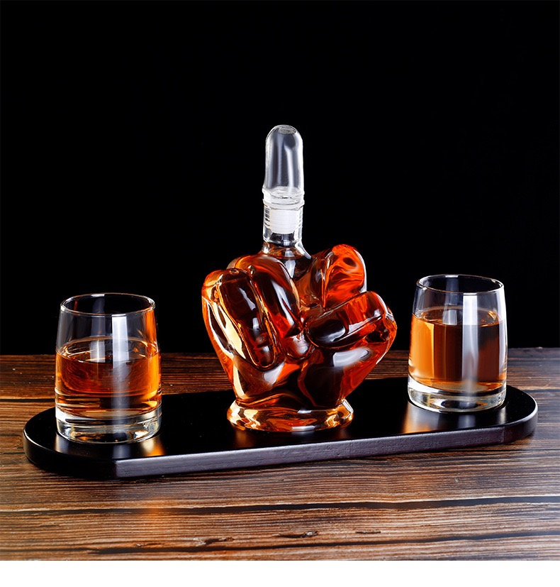 Home Bar Decor Liquor Dispenser with Glass and Wooden Base Middle Finger Shape Whiskey Decanter Gift Se