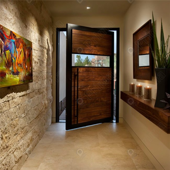 Solid Oak Wood Pivot Door Beautiful Glass Melamine Finish Entrance Exterior Door