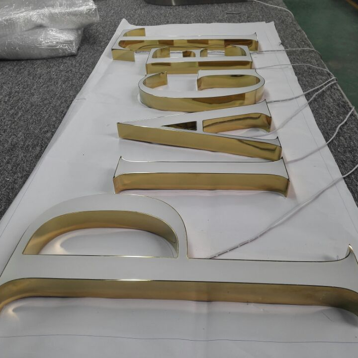 Custom 3D Gold Mirror Signs LED Channel Letters Illuminated Sign for Luxury Brand