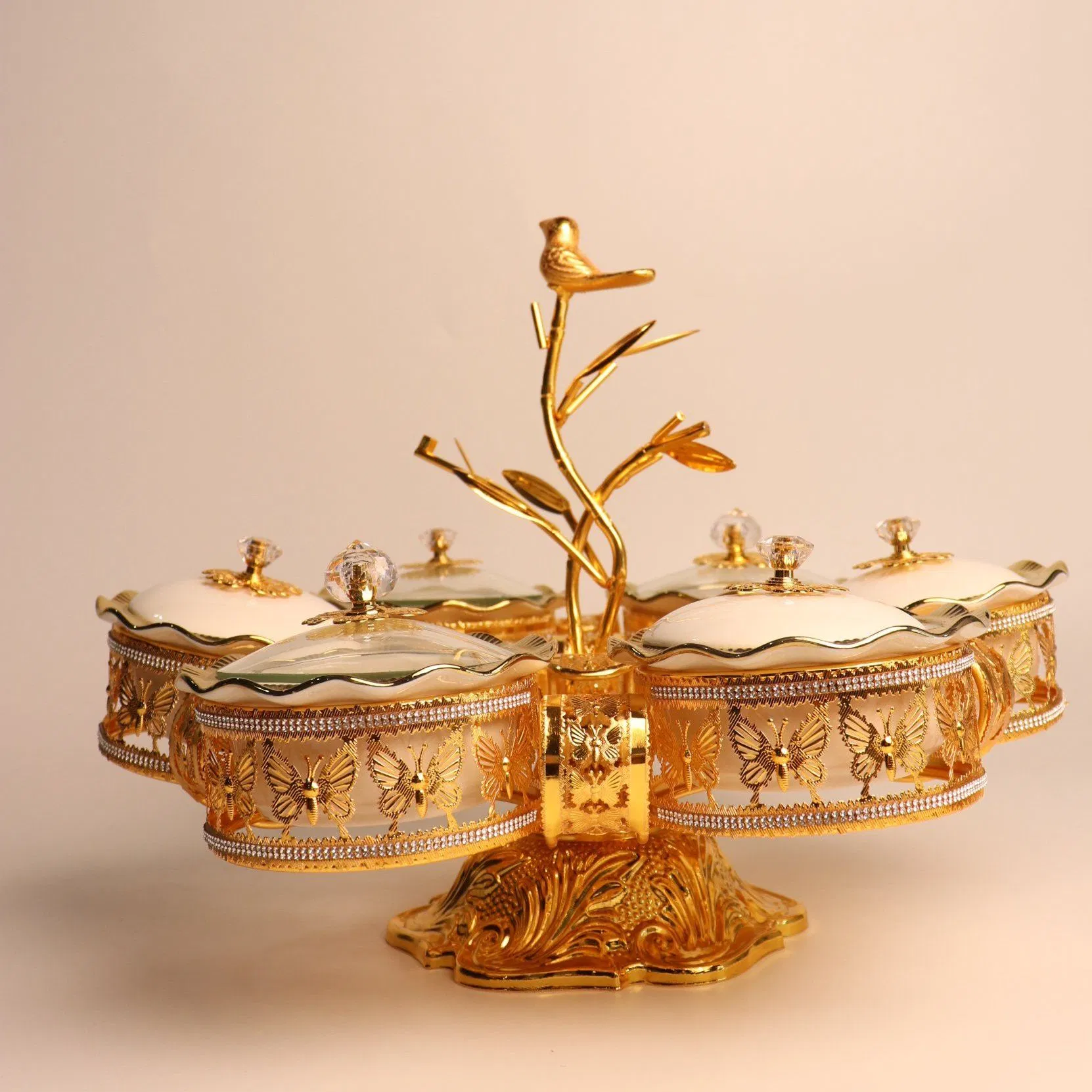 Home Ornament Gold-Plated Iron Frame with Large Size 6-Panel Gold Ceramic Bowl