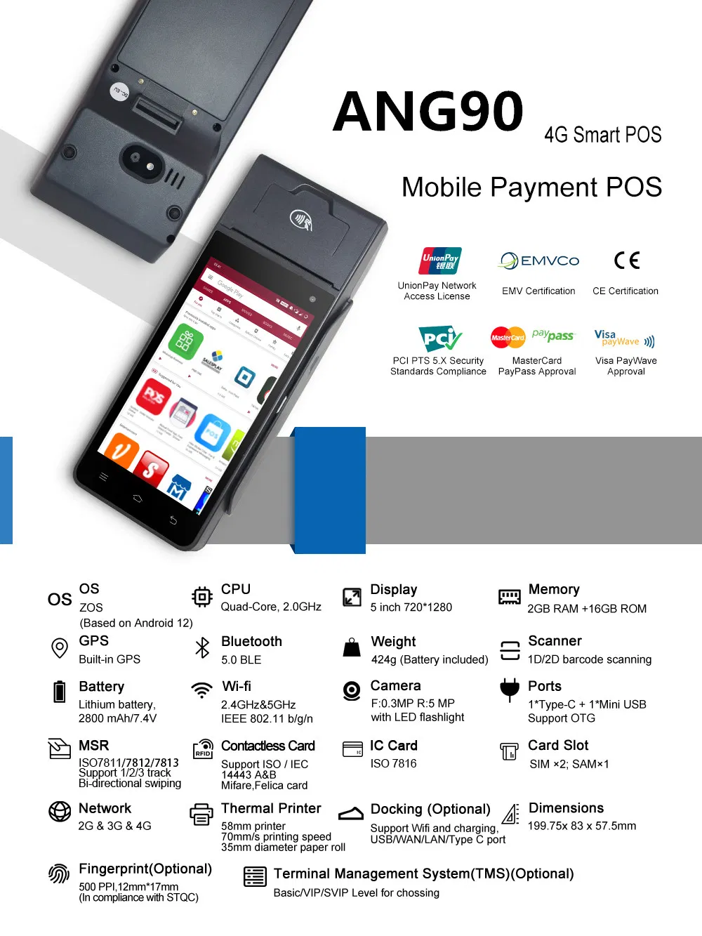 Android POS Terminal POS System Support EMV, NFC, and Qr Code Payment