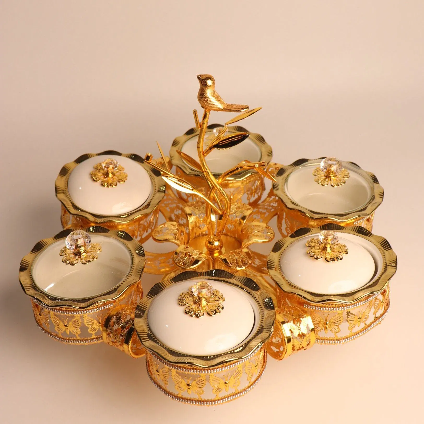 Home Ornament Gold-Plated Iron Frame with Large Size 6-Panel Gold Ceramic Bowl
