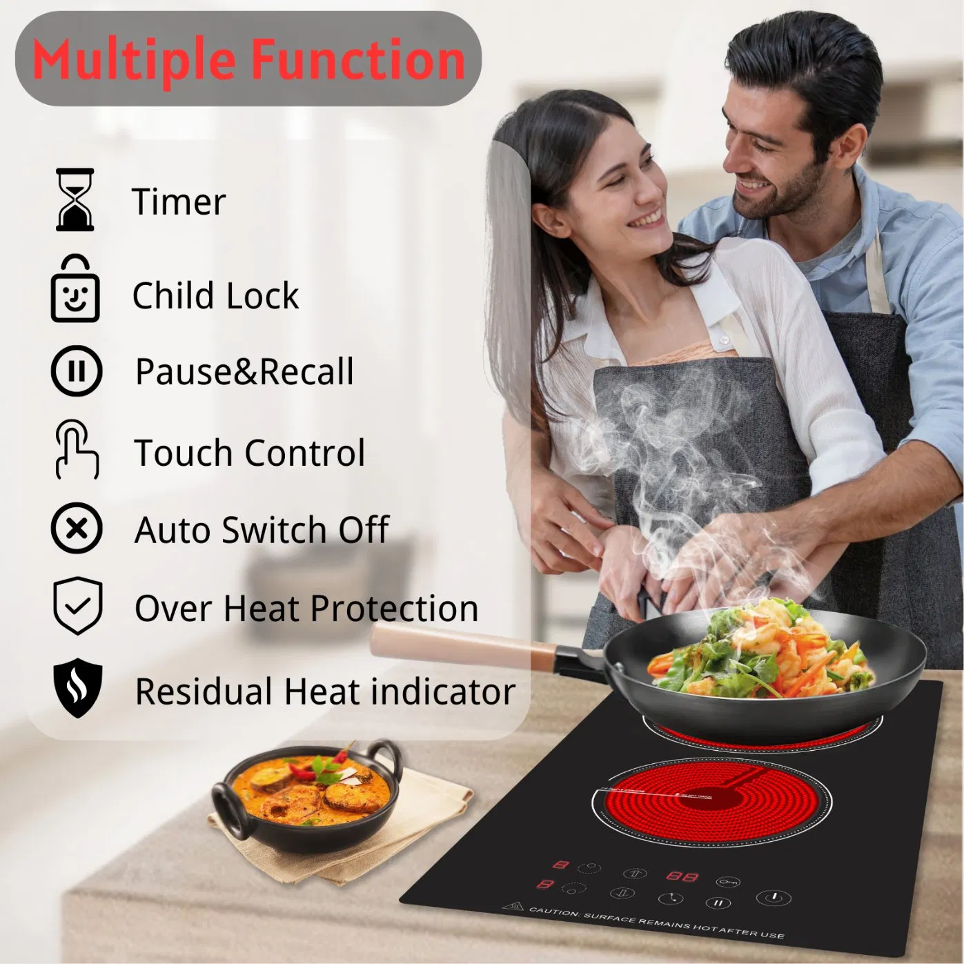 Electric Cooker 3000W Built-in Ceramic Cooktop 2 Burner Infrared Cootop