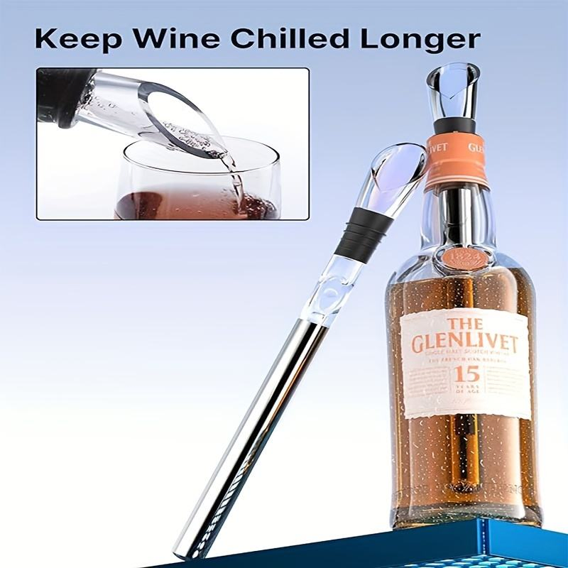 3-in-1 Stainless Steel Metal Wine Bottle Cooler Stick Chiller Pourer Stopper Bar Accessory for Aeration Drinking Packed in a Box