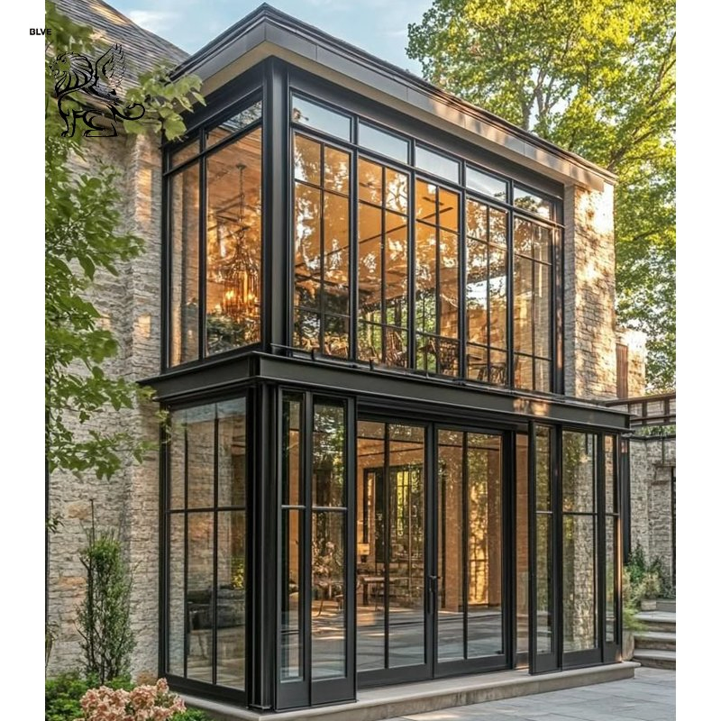 Villa House Decoration Metal Wrought Iron Waterproof Greenhouse Entrance Door Glass Sunroom Factory Price