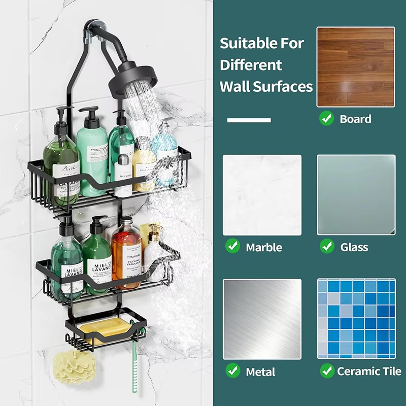 Sanipro Anti-Swing Hanging Shower Caddy Over Head Rustproof 3 Tiers Bathroom Shelves Organizer with Hooks Soap Holder