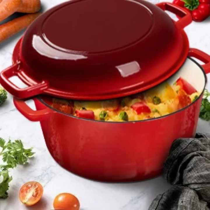 2 in 1 Cast Iron Double Dutch Oven Pre-Seasoned 5-Quart Multi-Cooker Combo Dutch Oven Set Induction Safe