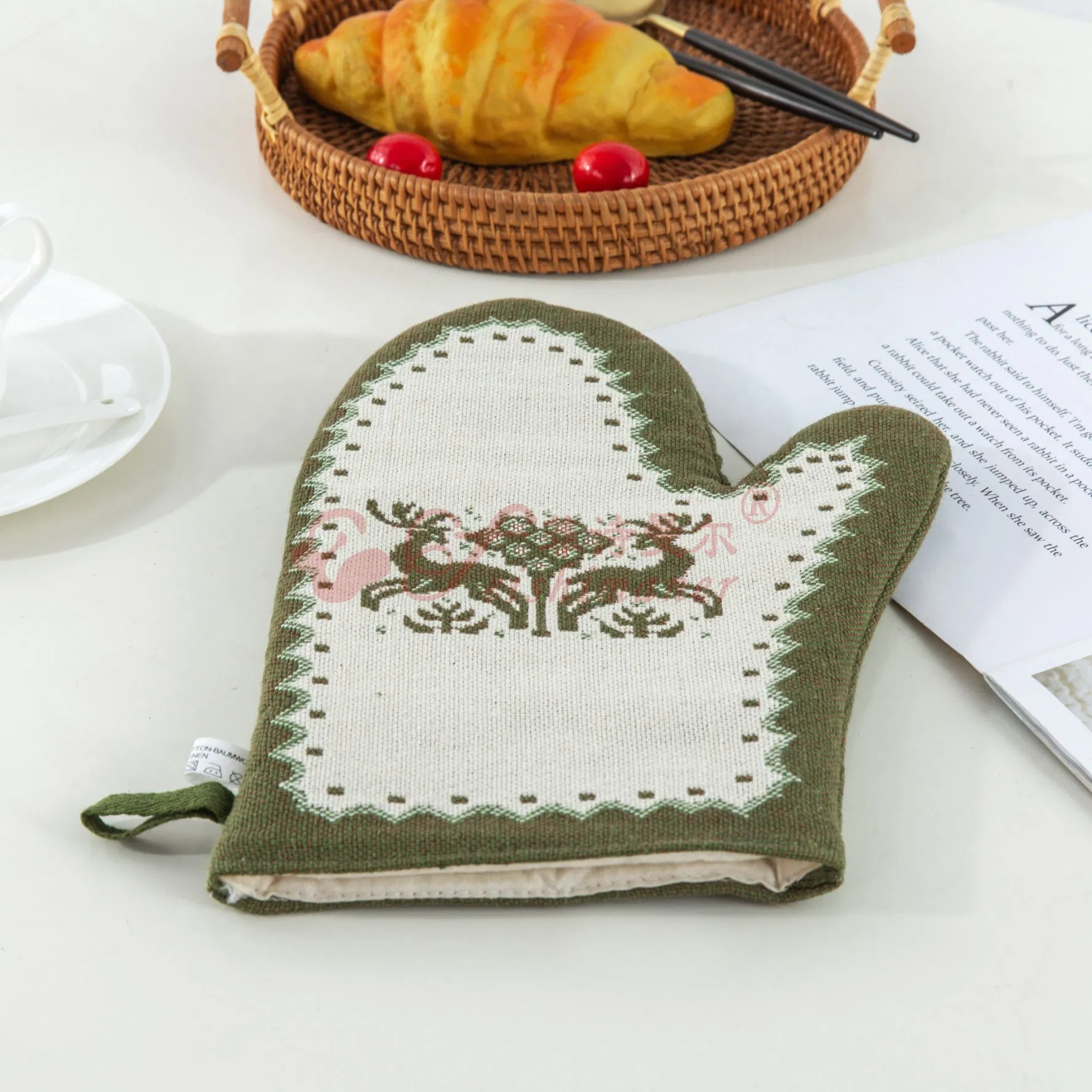 Custom Thicker Cotton Hemp Jacquard Oven Mitt Gloves for Baking Cooking Grilling