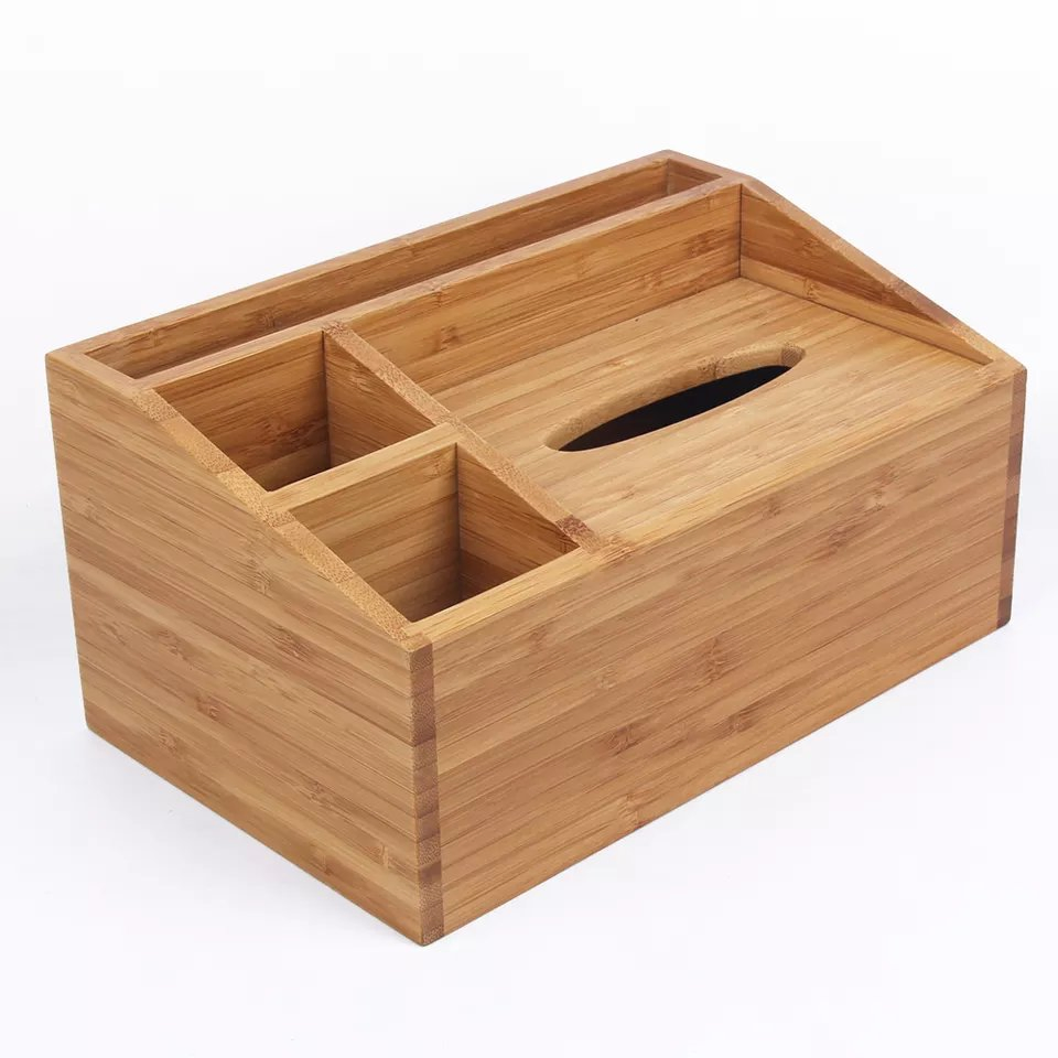 Multifunctional Natural Bamboo Desk Organizer Storage Tissue Box for Office and Home