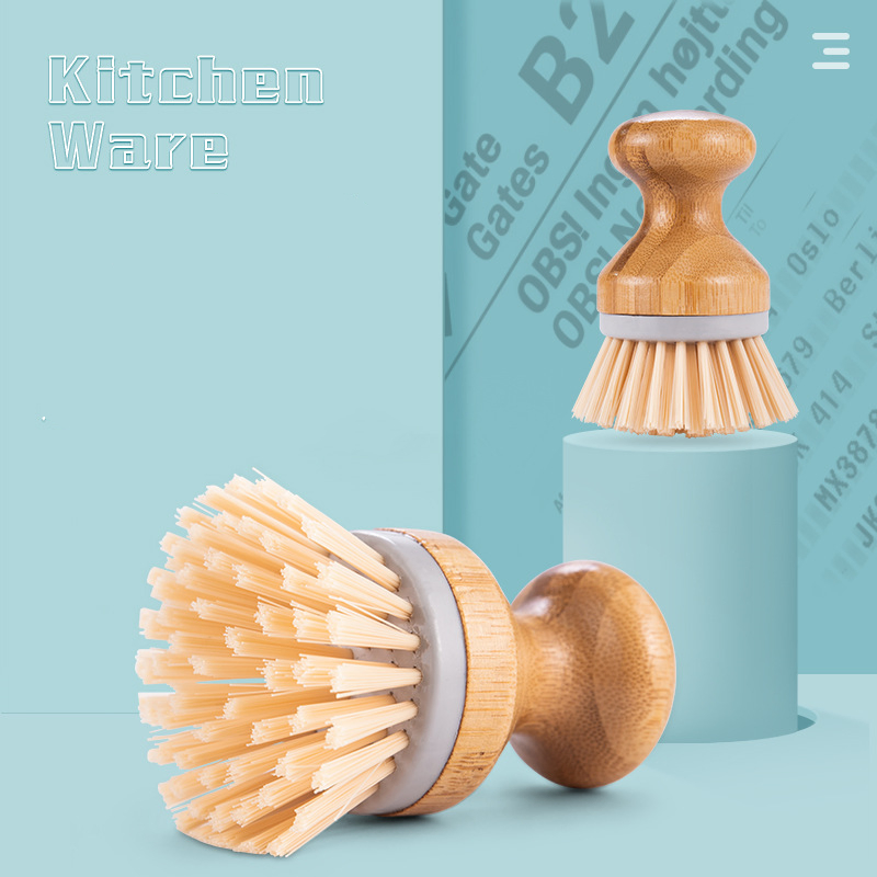 Wholesale High Quality Long Handle Bamboo Kitchen Dishwashing Brush Round Head Brush Set