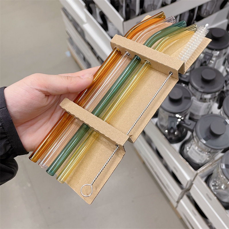 Food Grade Color Reusable Eco-Friendly Custom Logo Cocktail Water Beverage Drinking Borosilicate Glass Straws with Brush