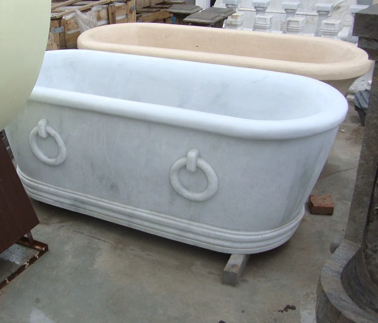 Fashion Attractive Design Hand Carved White Solid Freestanding Natural Stone Bathtub Marble Ellipse Bath Tub (SYBT-021)