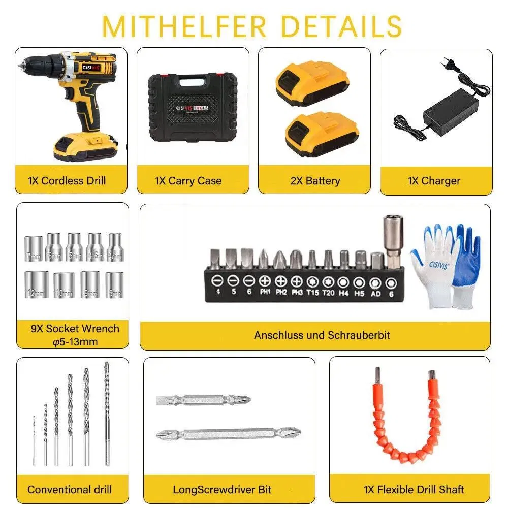 Cisivis 21V Brushed Electric Drill, 21vimpact Drill, 25nm Portable Power Drill, Suitable for Home and Workshop Use, Wholesale