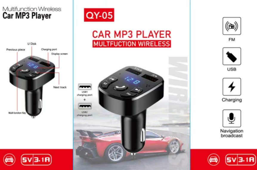 X8 Fast Charging QC3.0 Pd USB a Type C Dual Port Car Charger 5V-3.1A Bluetooth FM Car MP3 Player Multfuction Wireless