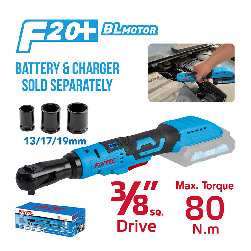 Fixtec 20V Cordless Power Tool Set Charger Batteries Household Ratcheting Wrench 3/8" Variable-Speed Ergonomics Ratchet Wrench Kit