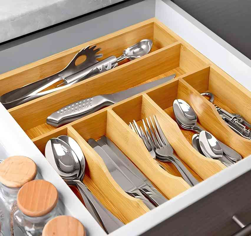 Bamboo Kitchen Drawer Cutlery Tray and Silverware Organizer with Grooved Drawer Dividers