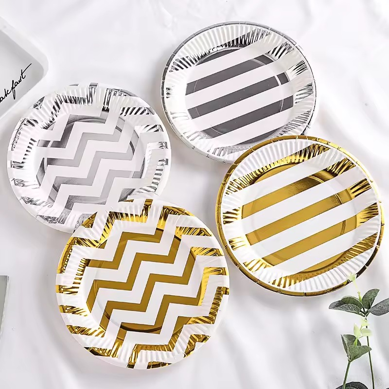 White and Gold Silver Chevron Star Stripe Dots Print Disposable Tableware 7 Inch Paper Plate for Birthday Anniversary Party