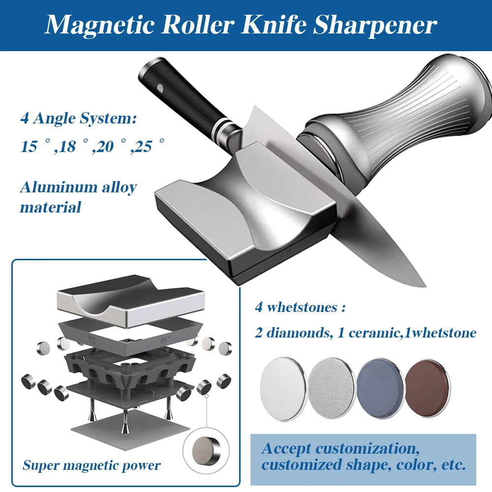 Rezz Rolling Knife Sharpener Tool Kit Multi-Angle Magnetic Roller Sharpeners for All Knife with 4 Discs 360 600 1000 3000 Grit