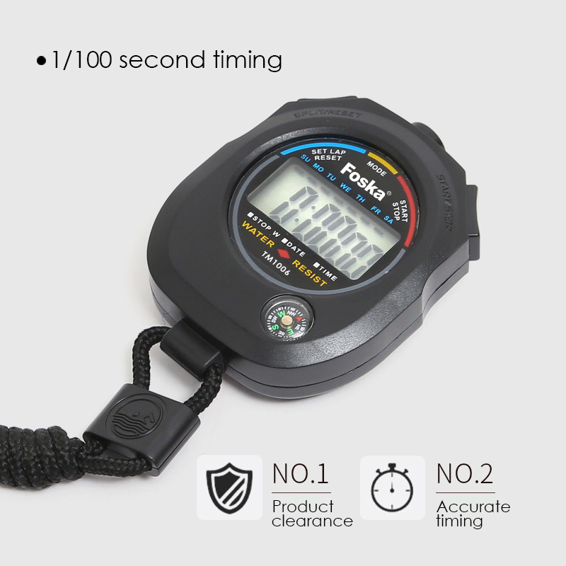Foska ABS Plastic Black Waterproof Digital Sports Stopwatch