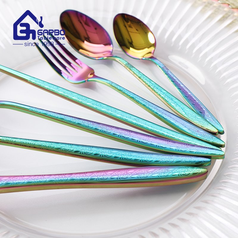 High-Quality Mirror Polish Rainbow Colored Stainless Steel Flatware Set Cutlery Set Knife Spoon Fork with Customized laser Pattern for Supermarket Online Shop