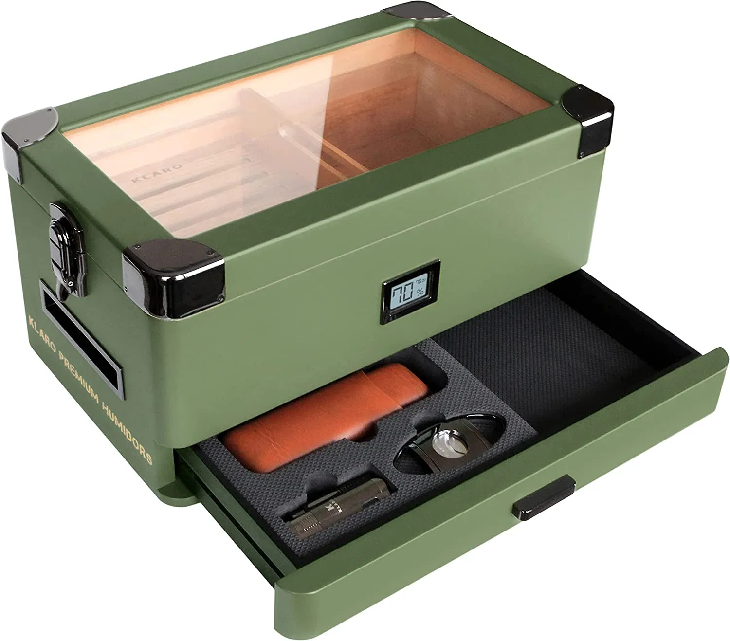 Glass Top Humidor Matte Green with Front Digital Hygrometer Spanish Cedar