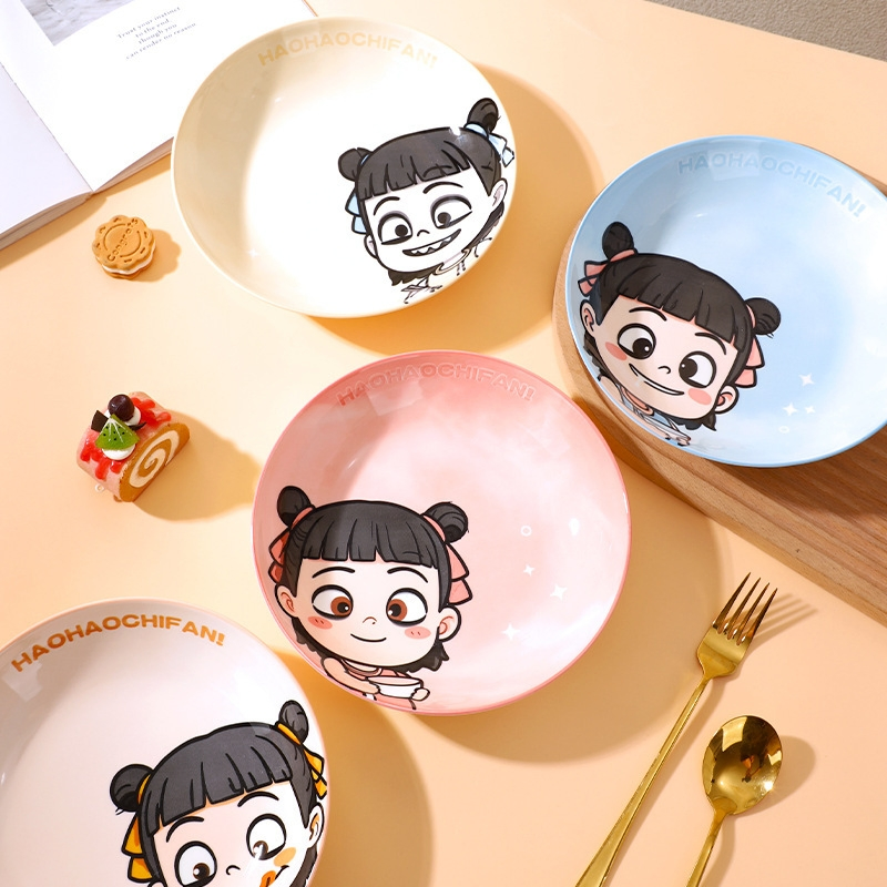 8"Coup Moon Soup Plate with Cartoon Decal Stoneware Ceramic Porcelain Tableware