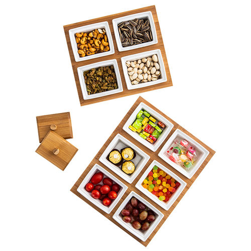 Bamboo Nut and Candy Serving Tray Party Appetizer Platter Ceramic Serving Plate