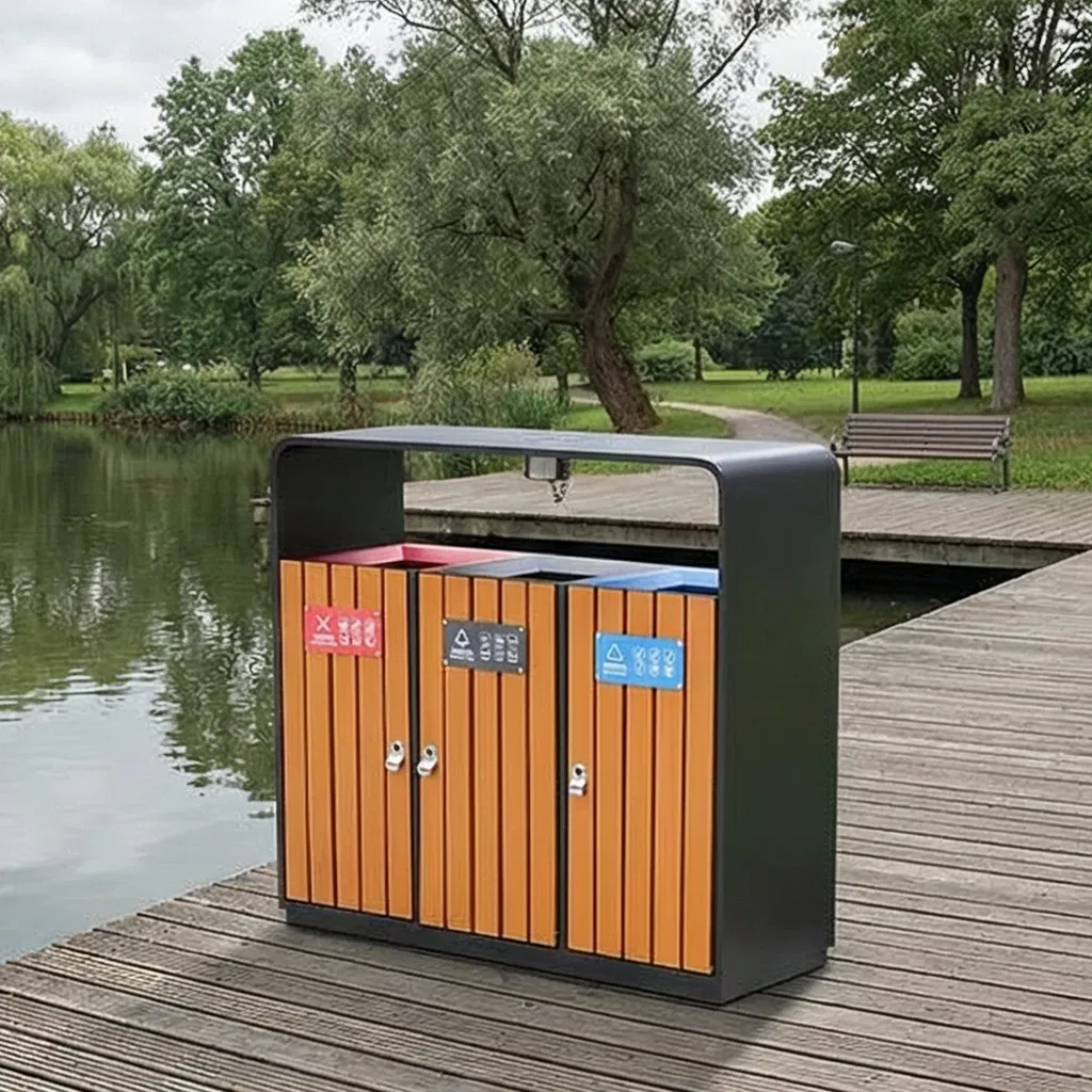 Уличный трёхсекционный мусорный бак для раздельного сбора