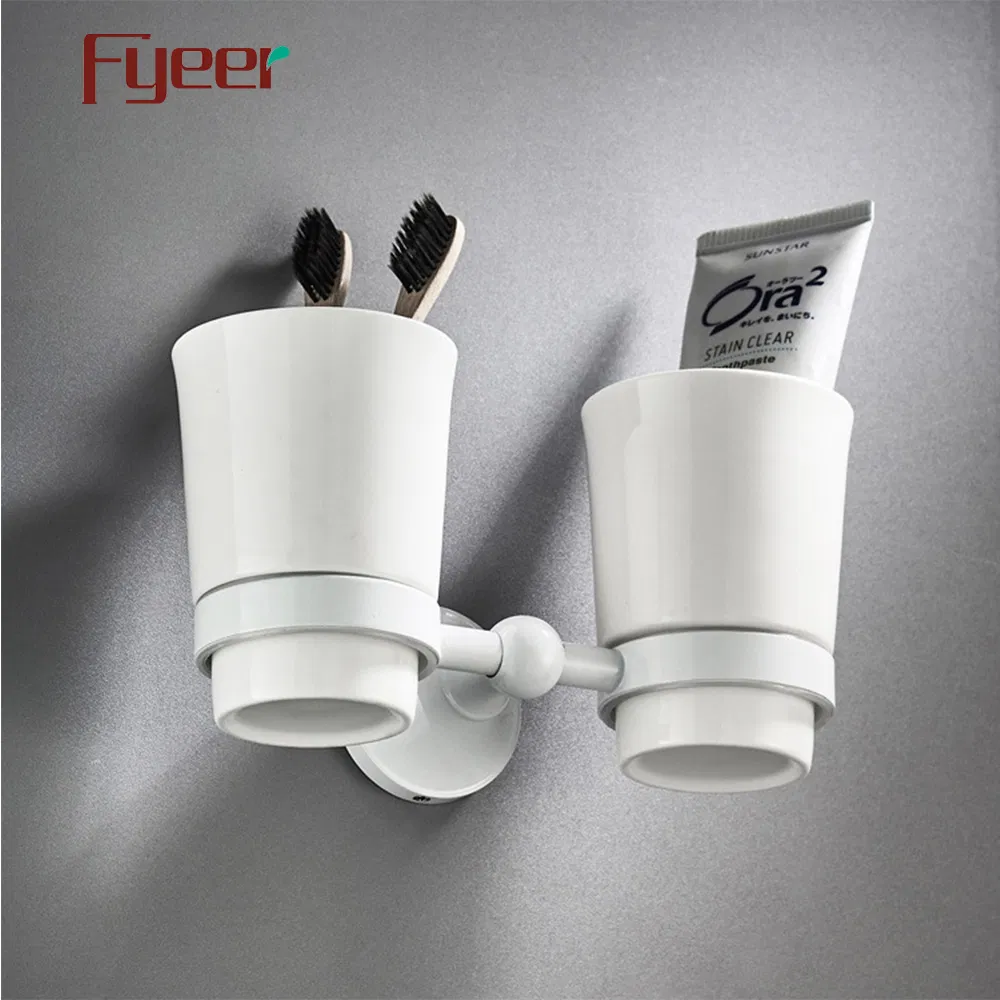Fyeer Matte White Solid Brass Double Tooth Brush Cup Holder