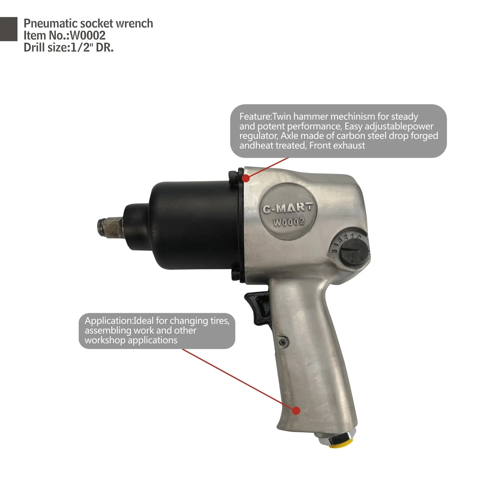 C-Mart W0002 1/2dr. Heavy Duty Professional Square Head Pneumatic Air Impact Wrenches