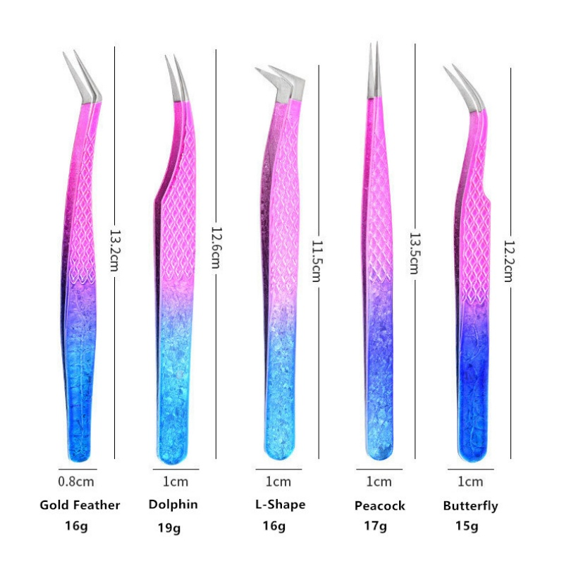 High Precision Tip Embossed Grip Metal Ergonomic Dolphin L-Shaped Lash Extension Tweezers