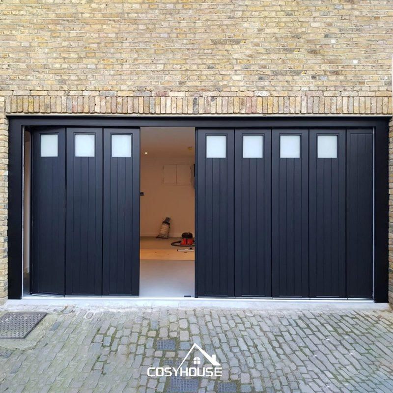 Contemporary Brown Aluminum Garage Door with Frosted Glass Inserts for Privacy