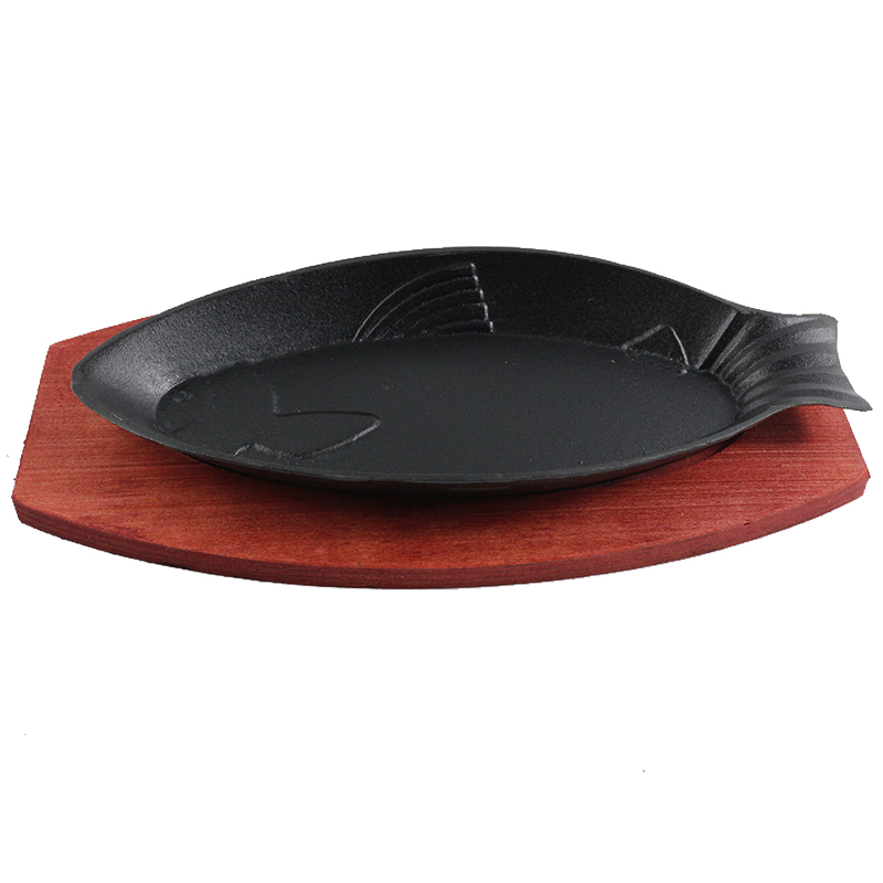 Чугунная сковорода-рыба 30.5 см с деревянной подставкой