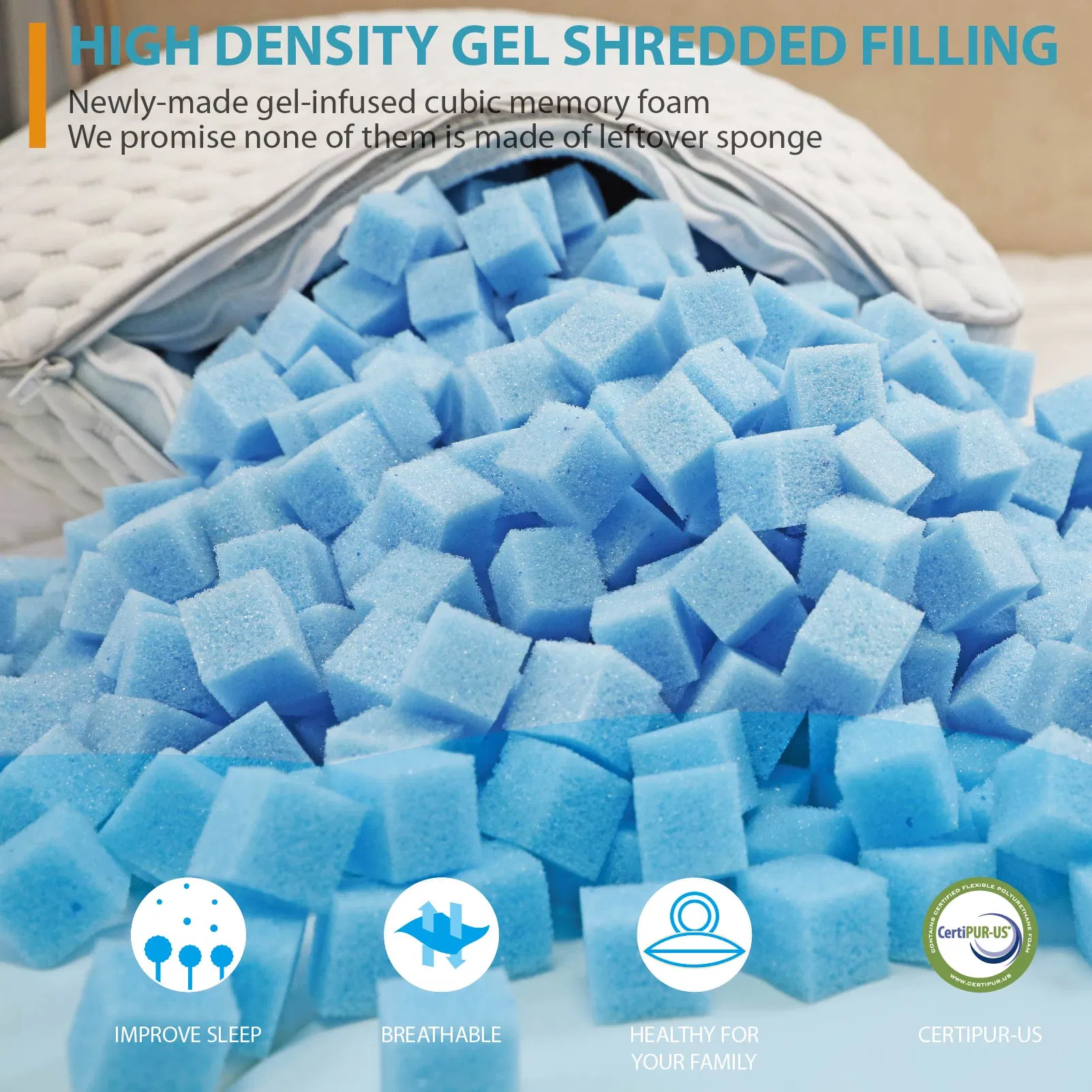 Factory Direct Sales Queen Size Adjustable Cubic Shredded Memory Foam Bed Pillow