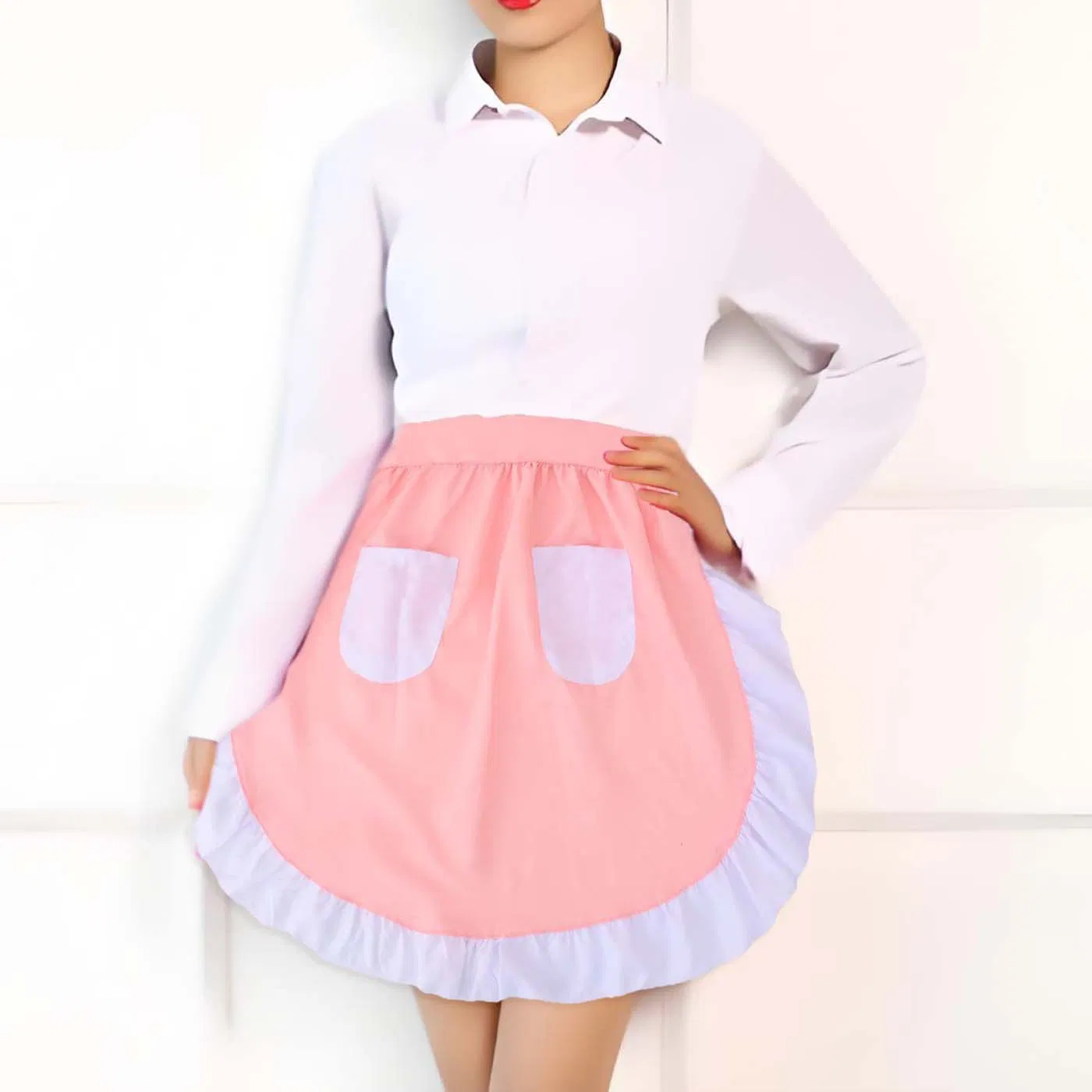 Pink Maid Fashionable Short Half-Length Apron, European Cute Lace, Restaurant Waiter Cotton Ruffled Apron