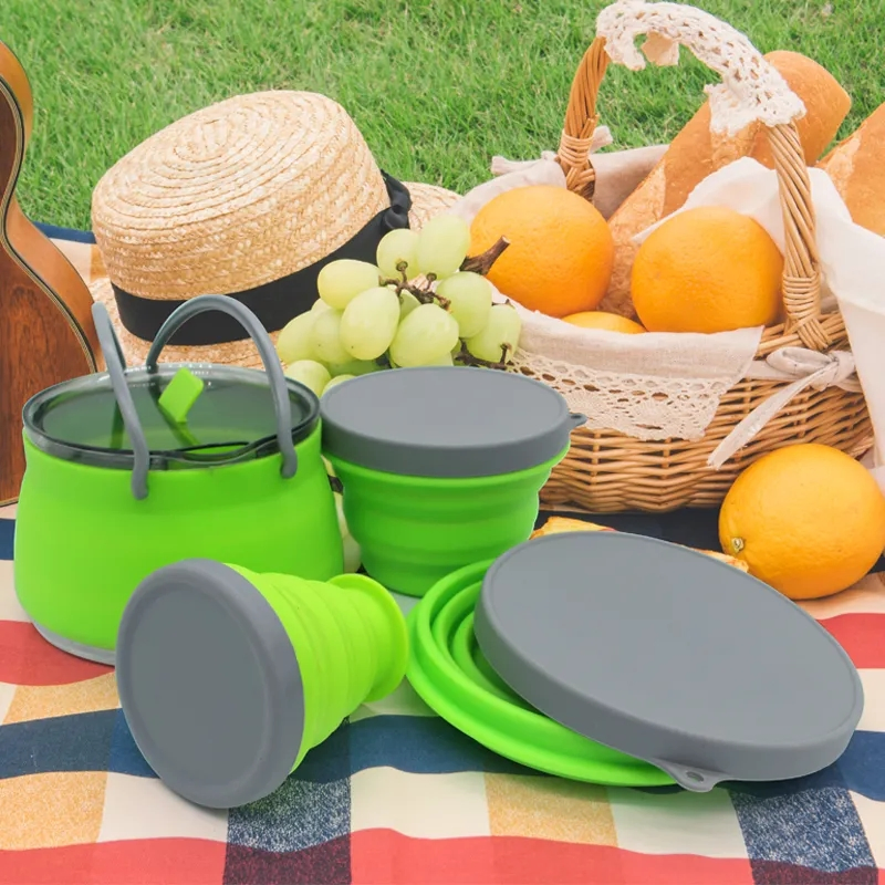 Threee Plece Set Portable Silicone Camping Collapsible Kettle Pot Bowl Cups Cook Set with Custom Logo