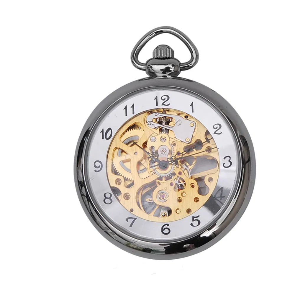 Customized Two Cover Black Skeleton Mechanical Pocket Watch with Chain