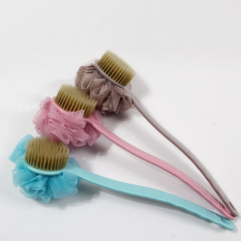 Long Handle Bath Brush with Mesh Sponge Ball Back Bath Brush